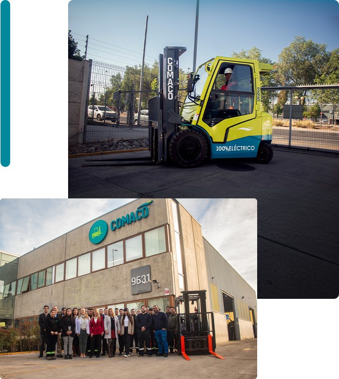 Grúa horquilla eléctrica de Comaco y el equipo de la empresa frente a la sucursal de Santiago